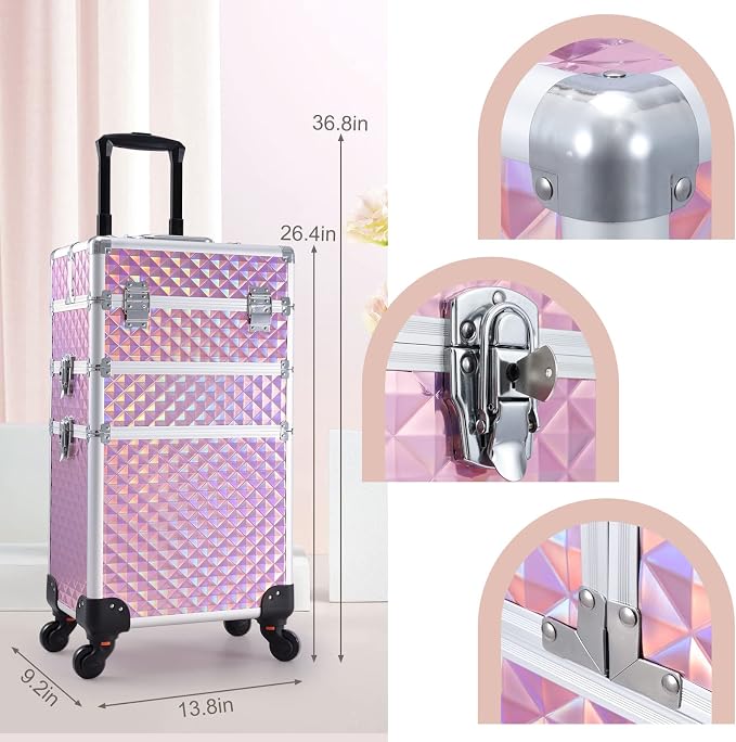 3 in 1 Professional Rolling Makeup Train Case Aluminum Trolley Case with 360° Rotation Wheels for Makuep Artist Cosmetic Suitcase Organizer with Lock and Key Diamond Pattern - Pink - Image 5