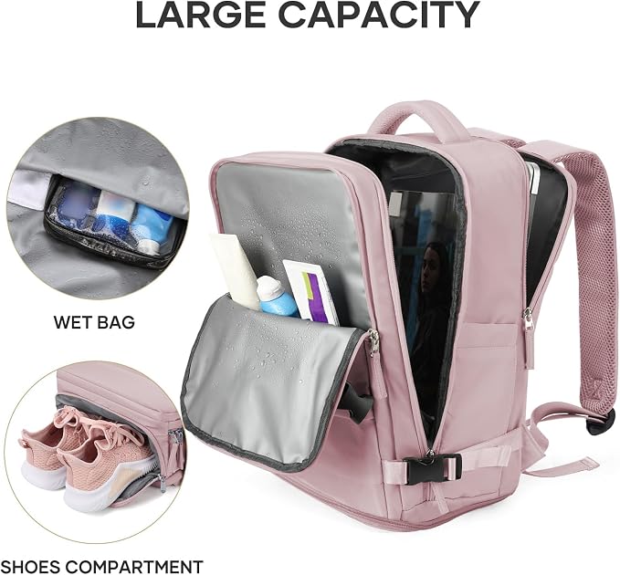 coowoz Large Travel Backpack For Women Men,Carry On Backpack Flight Approved,Hiking Backpack Waterproof Outdoor Rucksack Casual Daypack Fit 15.6 Inch Laptop Shoes Compartment (Pink Purple-L) - Image 4