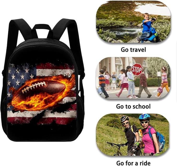 Retro American Flag Football Fire Print Children's Knapsack Set with Reusable Shoulder Lunch Bag, Boys Girls School or Travel Large Backpack Set 4th of July School Students Daypack - Image 3