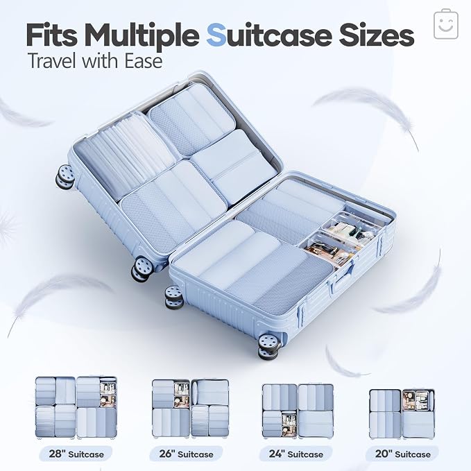 Veken 9/11 Set Compression Packing Cubes Garment Bags for Travel Essentials,Compressible Expandable Luggage Organizer Bags for Clothing,Space Saver Bags with Over 1000 pcs of Mesh Holes(Light Blue) - Image 8