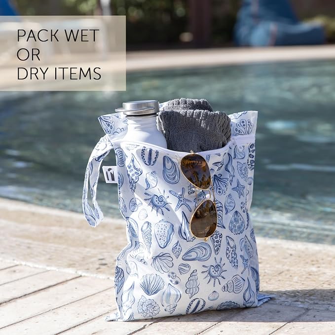Bumkins Roamio Wet Bag and 3-Pack Clear-Sided Travel Pouches, Waterproof Fabric Organizer for Toiletries, Gym Clothes, Swim Gear, Shoes, Accessories, TSA Compliant Packing Set, Blue Shells 4-pc Set - Image 3