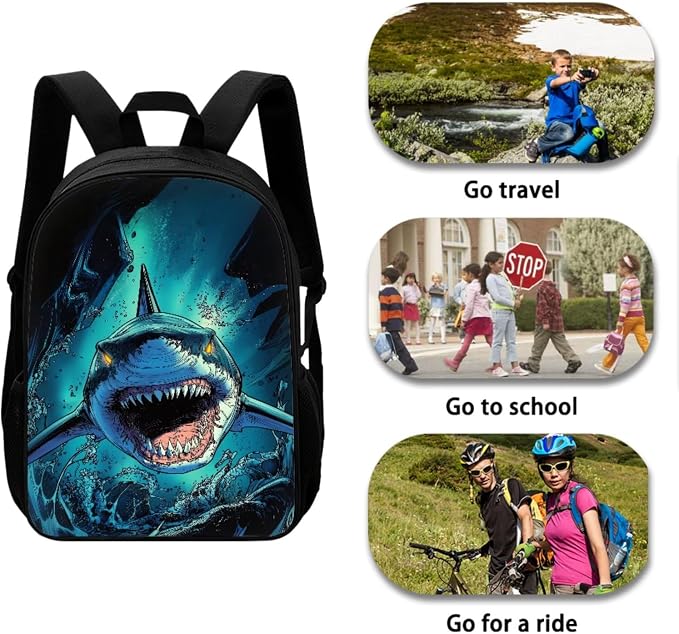 Shark Sea Blue School Bag Set with Reusable Lunch Bag and Pen Bag, Portable Backpack Set for Primary School Students, Large Capacity School Bookbag for Kids - Image 2