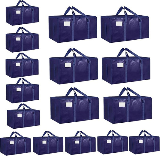16 Pack-Extra Large Heavy Duty Moving Bags - Waterproof Storage Totes with Handles & Zippers, Foldable for College Dorm, Storage (Dark Blue) by Unknown