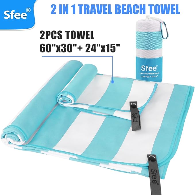 Sfee 2 in 1 Microfiber Beach Towel, Quick Dry Towel Camping Towel Travel Towel Super Absorbent Compact Lightweight Sports Gym Towels Set for Beach, Gym, Hiking, Pool, Backpacking, Bath, Yoga - Image 6