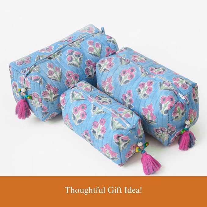 Saffron Marigold Quilted Makeup Bag Set of 3, Hand Block Printed Cotton Cosmetic Bags for Women, Waterproof Lined Travel Toiletry Bag, Coquette Floral Aesthetic, Handmade Gift, Denim Rose - Image 7