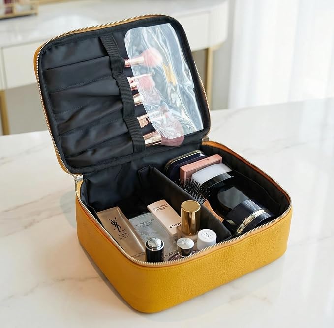 Luxury Genuine Cowhide Leather Cosmetic Organizer Bag – Large Capacity Makeup & Toiletry Travel Case with Compartment, Brush Holder for Women and Men - Image 2