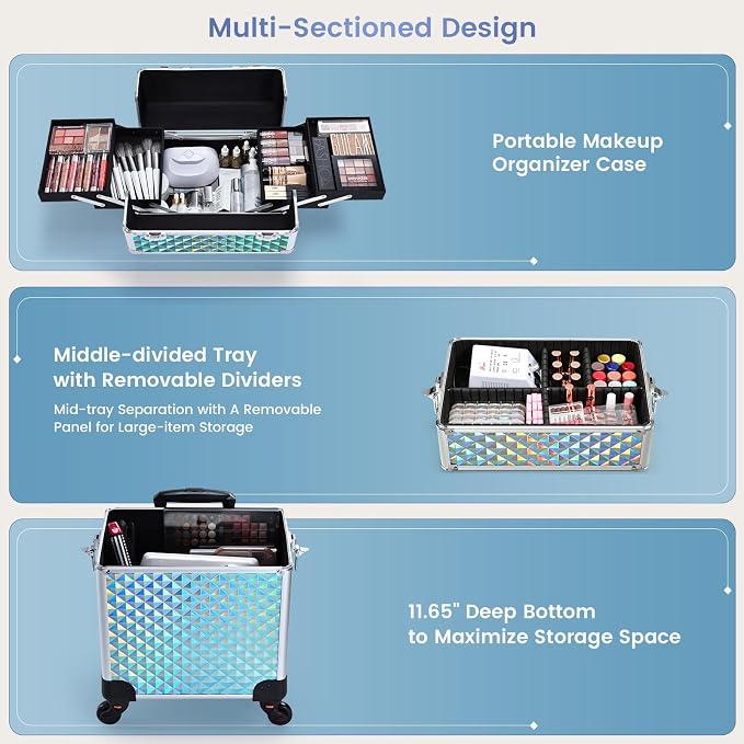 FRENESSA Rolling Makeup Train Case Cosmetology Case on Wheels 3 in 1 Blue | Cosmetic Trolley Large Storage with Keys 360° Swivel Salon Barber Case Traveling Cart Trunk for Artist Hairstylists Nail Tech - Image 2