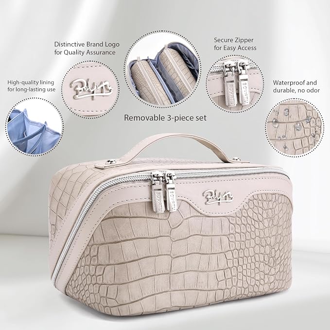 BOYATU Travel Makeup Bag Cosmetic Bags for Women: 3 Pcs Set Large Capacity Make up Bag with Handle - Crocodile Pattern Vegan Leather Toiletry Bags Travel Essentials with Compartments(E-5-Apricot) - Image 2