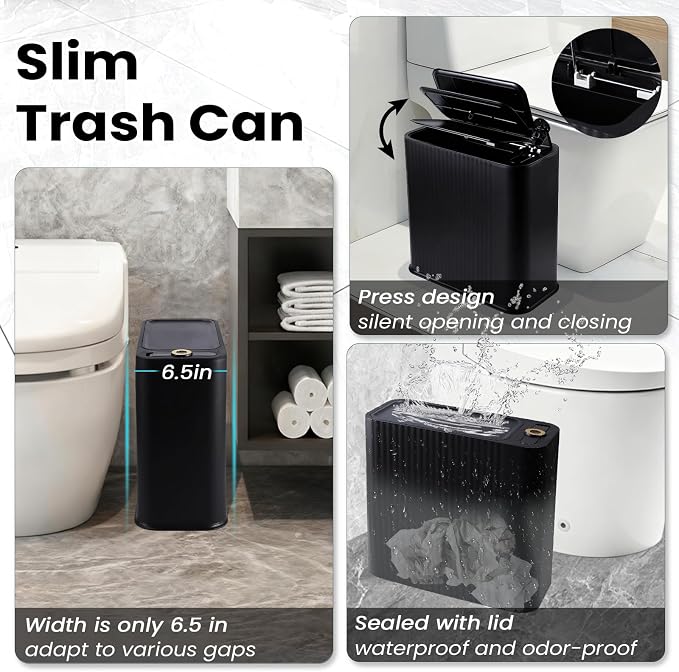 XLHOMO Black and Gold Bathroom Accessories Set - 9 Piece Complete Organization Kit with Slim Pop-up Trash Can, Toilet Brush, Lotion Dispensers, Jars & Soap Dish - Modern Matte Stripe Bathroom Decor - Image 3