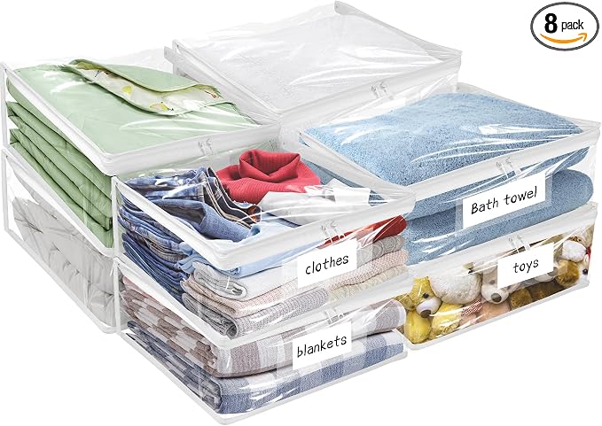 Plastic Storage Bags with Easy-Glide Zipper, Pack of 8, Durable Clear Vinyl Zippered Storage Bags for Clothes Sweaters Comforters Blankets Sheets Bedding (24 x 20 x 11 Inch, White) by Kikerike