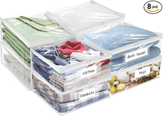 Plastic Storage Bags with Easy-Glide Zipper, Pack of 8, Durable Clear Vinyl Zippered Storage Bags for Clothes Sweaters Comforters Blankets Sheets Bedding (24 x 20 x 11 Inch, White) by Kikerike