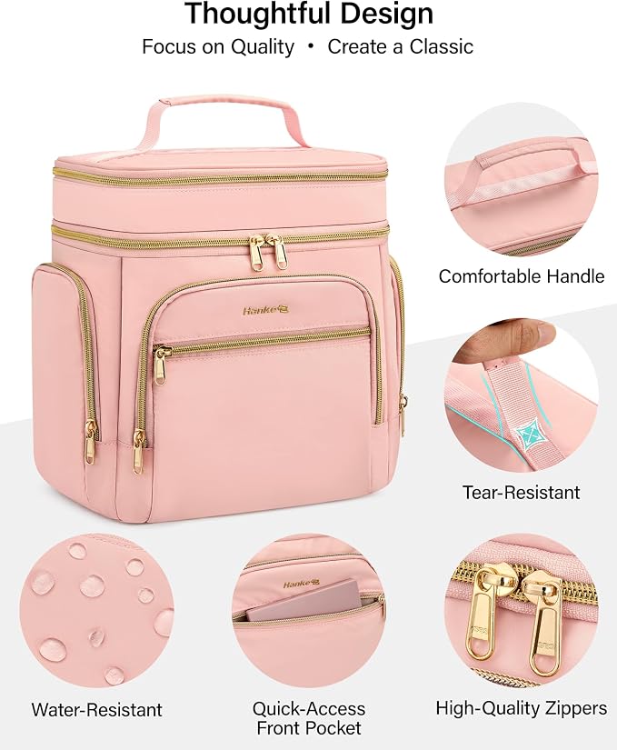 Hanke Large Toiletry Bag for Women Travel, Double Layer Organizer with Wide Opening for Full-Size Cosmetics & Toiletries, 12.2L Water-Resistant Makeup Bag,Pink - Image 8