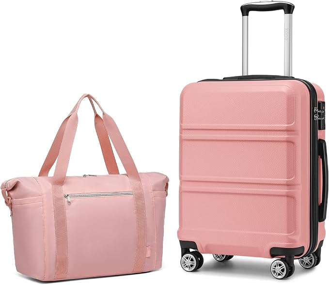 Kono Suitcase Set 2 Piece Carry On with Tote Bag | Lightweight PC+ABS Hardside Luggage with TSA Lock Spinner Wheels Nude/Rose Pink by Kono