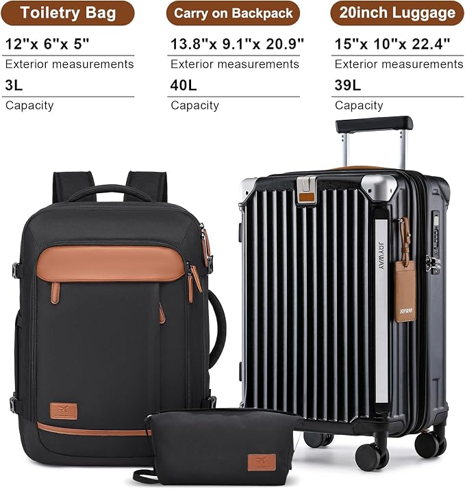 Joyway 20in Carry On Luggage with Cup Holder and USB Port, 25% Expandable Capacity, Smart Suitcase with Anti Slip Wheels and Backpack, Perfect for Men and Women 3 Piece Set Black - Image 4