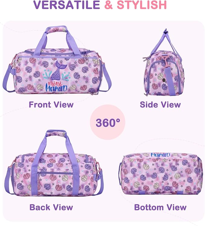 Kids Duffle Bag,VASCHY Travel Bag for Toddler Boys Overnight Sleeping Bag Duffel Ballet Dance Sport Carry On Weekender Bag with Shoes Compartment Dry Wet Pocket Mermaid - Image 6