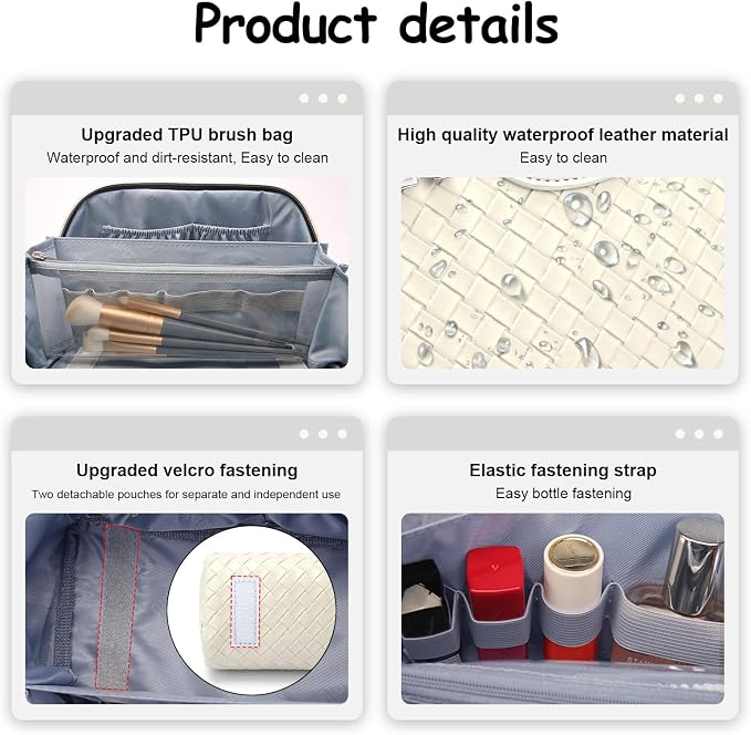 BOYATU Travel Makeup Bag Cosmetic Bags for Women: Large Capacity 3 Pcs Set Make up Bag with Compartments - Waterproof Vegan Leather Toiletry Organizer Bags with Handle (L09 Beige) - Image 3