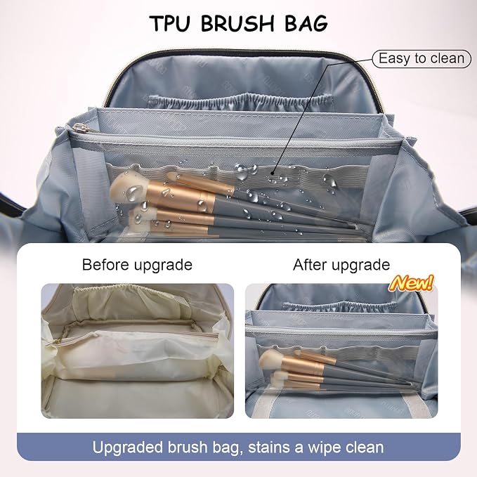 BOYATU Travel Makeup Bags for Women: 3 Pcs Set Wide Open Cosmetic Bag - Portable Make up Bags with Handle - Vegan Leather Toiletry Organizer Bag with Divider (G-05-Blue) - Image 5