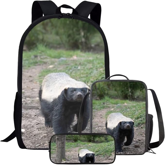 Girls Boys School Backpack with Lunch Box Pencil Case Comfy Padded Lightweight Honey Badger Backpack Set Kids Cute Bookbag Insulated Lunch Bag Student Large Capacity Daypack 17 Inch by Parprinty