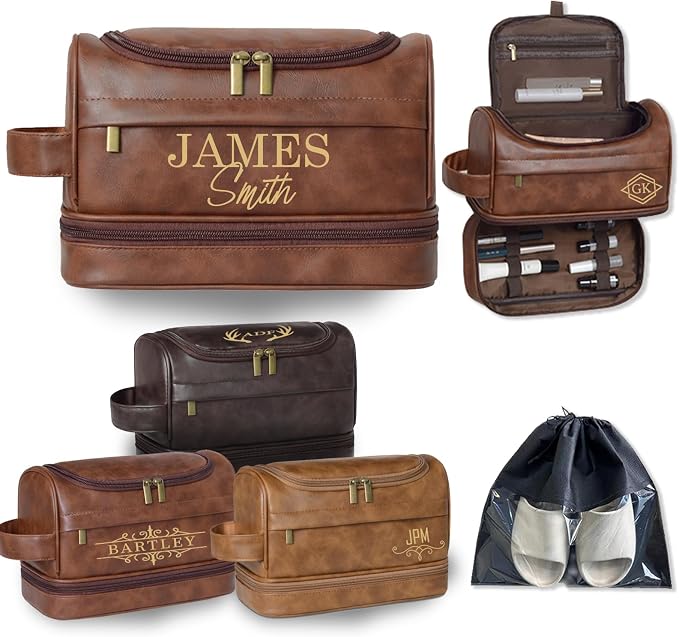 Personalized Toiletry Bag For Men, Large Capacity Travel Doop Kit, Vintage Color PU Leather, Custom Name Initials, Gifts for Dad, Husband, Boyfriend, Groomsmen, Birthday (Style 3) by BLEGGEITProfessionalHandmadeStudio