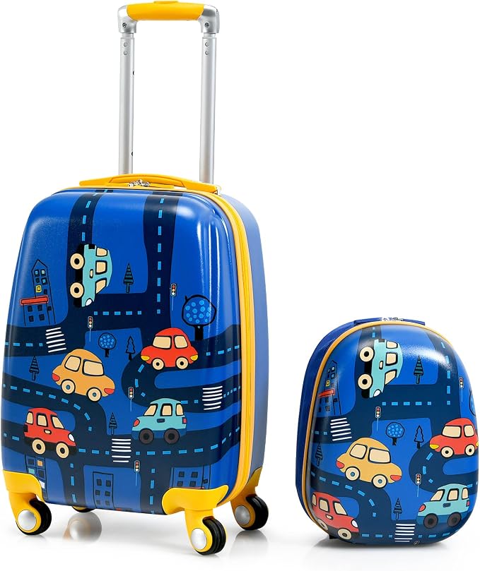 HONEY JOY Kids Luggage, 12" Toddler Backpack & 18" Travel Suitcase with Wheels, Lightweight Toddler Suitcase, Durable ABS Hardshell, 2Pcs Carry On Luggage Set for Boys Girls (Car) by HONEYJOY