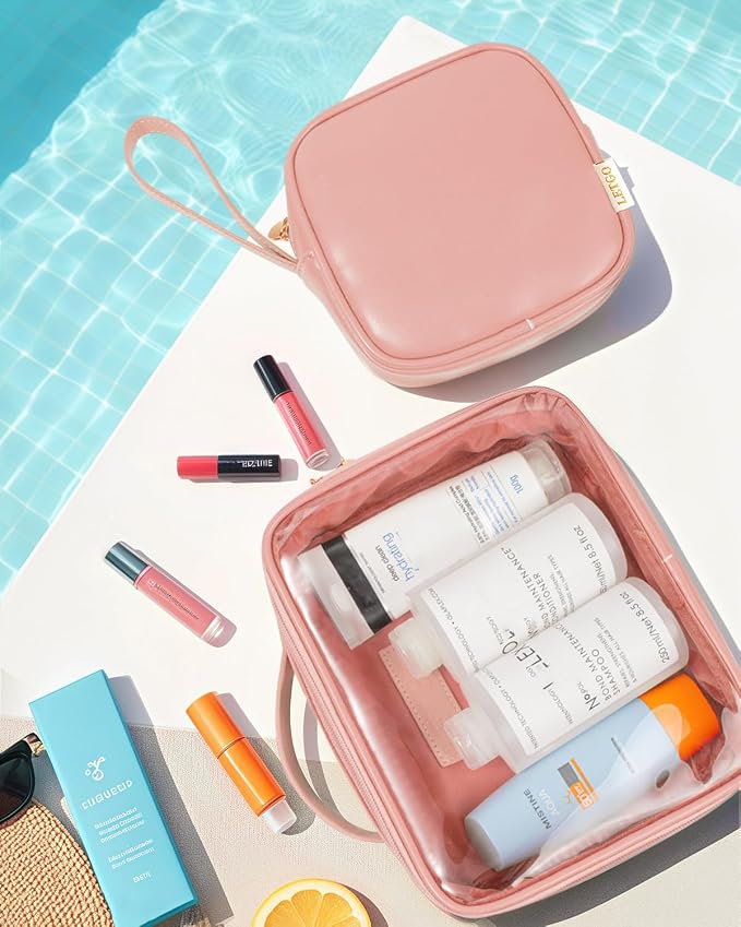 LETGO Travel Toiletry Bag for Women with Small Make Up Bag for Purse,Large Clear Toiletry Bag Lightweight Wide-open Travel Bag for Women, Cosmetic Makeup Bag Organizer (Handle-Pink, Large+Mini) - Image 3