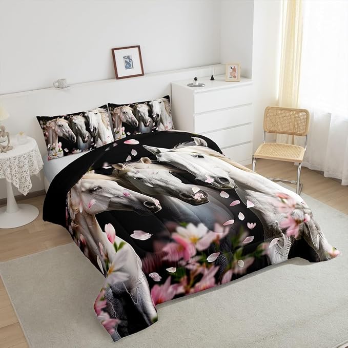 Erosebridal Kids Horse Bedding Set Chic Cherry Blossom Bedding Comforter Set for Girls Teens Galloping Horse Printed Comforter 3D Wild Animal Duvet Set Bedroom Decor Quilt Set 3Pcs Full Size - Image 5