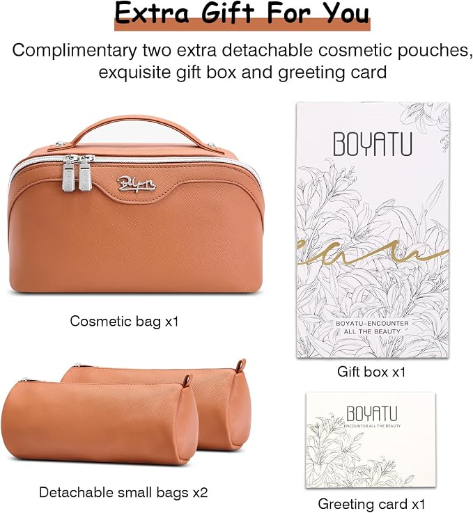BOYATU Travel Makeup Bag Organizer Cosmetic Bag: 3 Pcs Set Make up Bags for Women with Handle - Waterproof Vegan Leather Toiletry Bags Travel Essentials Pouch with Compartments (C-02-Brown) - Image 7