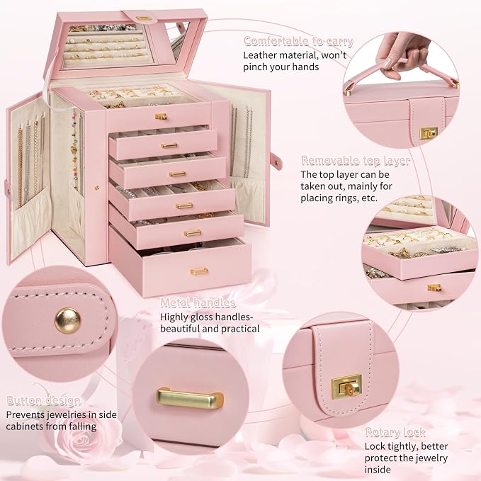 AKOZLIN 6-Tier Jewelry Box Organizer Functional 5 Drawers Leather Jewelry Storage Case for Women Girls Ring Necklace Earring Bracelet Holder Organizer with Mirror Extra Large Champagne Pink - Image 4