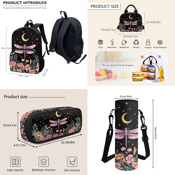 4 Pack Kids Backpack Moon And Stars Dragonfly Backpack for Girls，with Insulated Lunch Box Pencil Case Water Bottle Holder Bag Lightweight Casual Daypack for Preschool,Elementary，Middle - Image 3