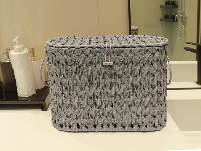 Coeusy Toilet Paper Storage Basket with Lid,Wicker Toilet Paper Holder Stand,Narrow Decorative Woven Bathroom Basket Organizer,Free Standing Grey - Image 9