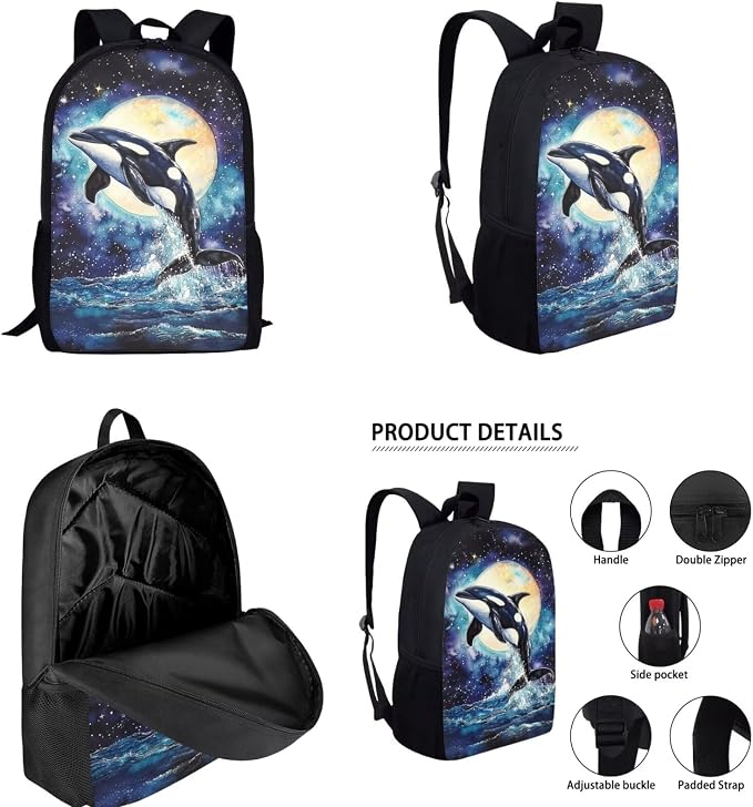 Killer Whale Backpack for School Girls 3rd Grade Preppy Galaxy Kids Bookbag with Lunch Box Set Moon 4 in 1 Primary Back Pack Lunch Bag Pencil Case Book Bags Lunchbox Water Bottle Holder - Image 2