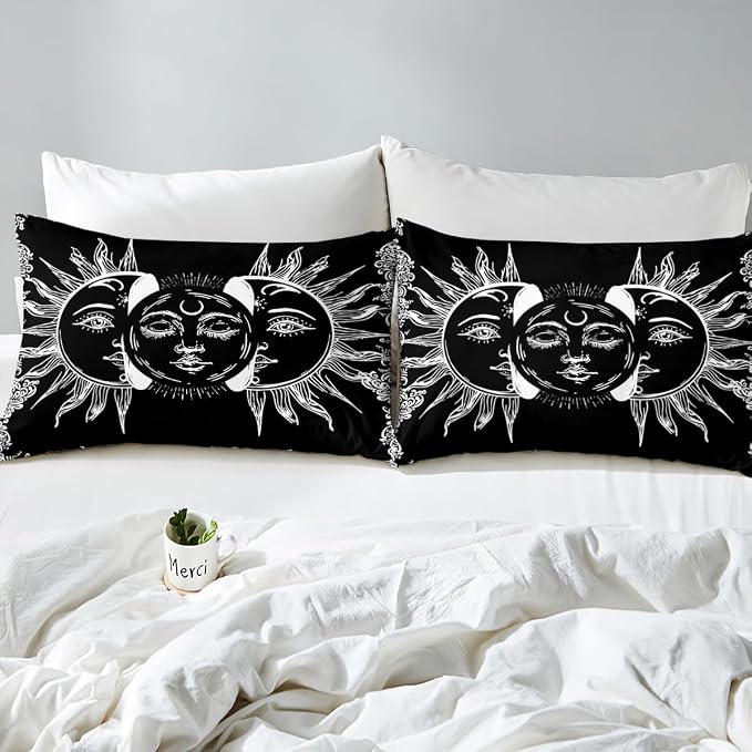 Erosebridal Mandala Duvet Cover Full Sun and Moon Decor Comforter Cover Set with Zipper Ties Boho Exotic Style Black and White Bedding Set Botanical Floral Decor Duvet Cover for Adult Women Teen Men - Image 7