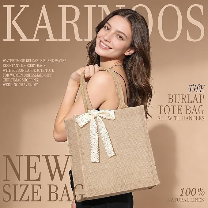 Burlap Tote Bag Set with Ribbon, Reusable Blank Water Resistant Grocery Bags - Image 2