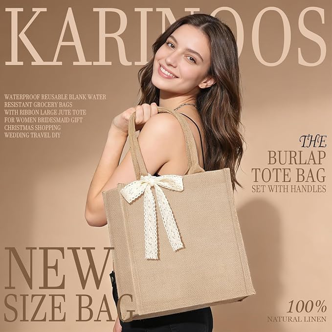 Burlap Tote Bag Set with Ribbon, Reusable Blank Water Resistant Grocery Bags - Image 2
