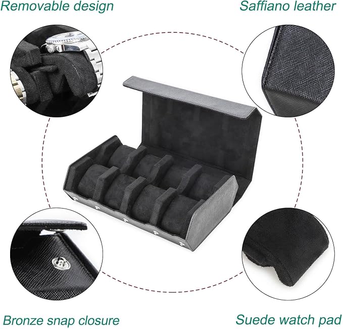Hiram Genuine Leather Hexagon Watch Roll Travel Case, Leather 8-Watches Roll Case with Removable Pillow Cushion for Treasured Watches and Bracelets-Black - Image 4