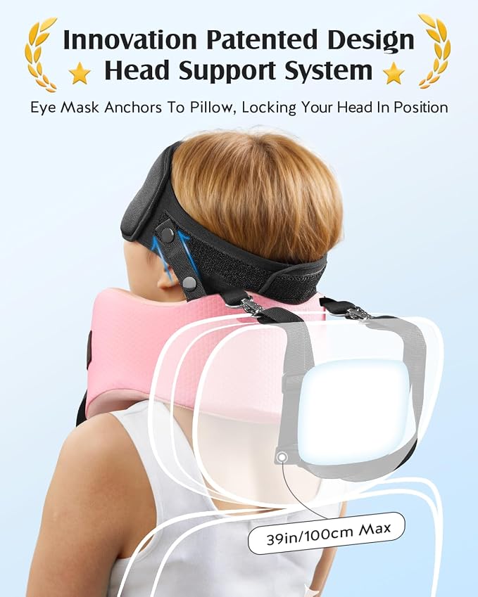 YFONG Travel Pillow for Long Flights, Patented 360° Ergonomic Sleeper Hold Head Support System with Memory Foam Neck Pillow & 3D Sleep Mask, Prevent Head Bobbing for Airplane & Road Trip, Pink - Image 3