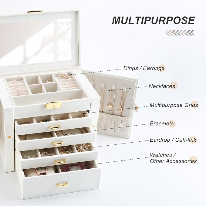 Jewelry Holder Organizer, Large Jewelry Boxes for Women, 5 Layers 4 Drawers Jewelry Box with Handle Jewelry Organizer for Earrings Rings Necklaces Bracelets, White - Image 3