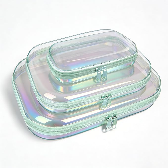 Clear Hard Shell Zipper Case,3PCS Transparent Clear Laser Zipper Pouches,Hard Side Plastic Case Set,Portable Travel Storage Organizer Bins by honitty