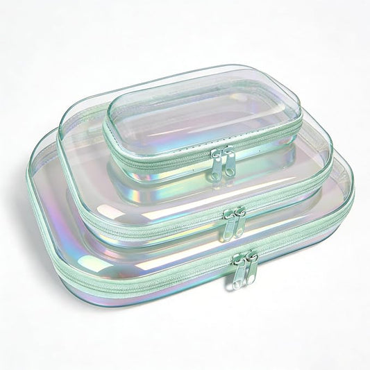 Clear Hard Shell Zipper Case,3PCS Transparent Clear Laser Zipper Pouches,Hard Side Plastic Case Set,Portable Travel Storage Organizer Bins by honitty
