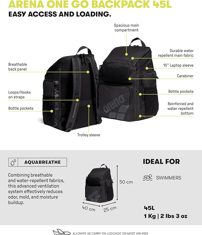 ARENA One Go Swim Backpack Travel Large Size Athletes Sports Equipment Bag 45 Liters - Image 3