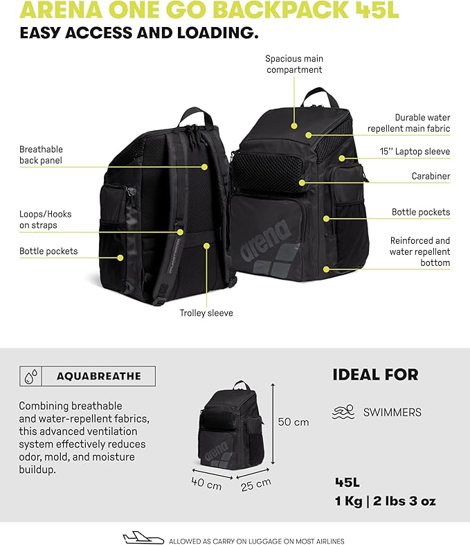 ARENA One Go Swim Backpack Travel Large Size Athletes Sports Equipment Bag 45 Liters - Image 3