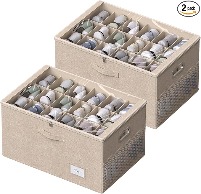 2 Pack Shoe Organizer for Closet Large Shoe Box Storage Containers with Clear Window Space Saving Shoe Bin with Foldable Bottom Support Adjustable Dividers Fits 36 Pairs (Beige, (24.4*16.5*13inch)x2) by FHSQX