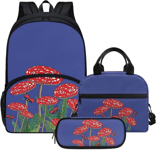 Blue Mushroom Backpack with Lunch Box and Pencil Case Girls Comfy Padded Cute School Backpack Set of 3 Bookbag for Student Lightweight Large Capacity Daypack by Parprinty