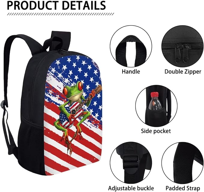 American Flag Frog Guitar Print 3 In 1 Schoolbag Set for School or Travel with Lunch Bag and Pencil Case, Large Lightweight 4th of July Backpack Set for Boys and Girls, School Bookbag Set - Image 4