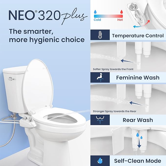 LUXE Bidet NEO 320 Plus - Warm Water, Dual Nozzle, Non-Electric Bidet Attachment for Toilet Seat, Patented Slide-In Install, 360° Self-Clean, EZ-Lift to Clean, Feminine & Rear Wash (White)