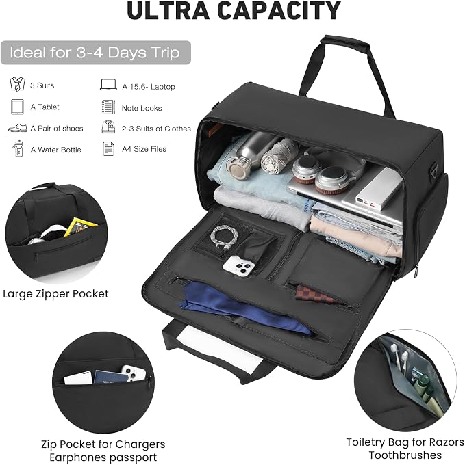 Garment Duffle Bag for Men,Convertible Garment Bags for Travel,Suit Carry-on Travel Bag Expandable with Shoes Compartment for Business Trip,Weekend(Black) - Image 4