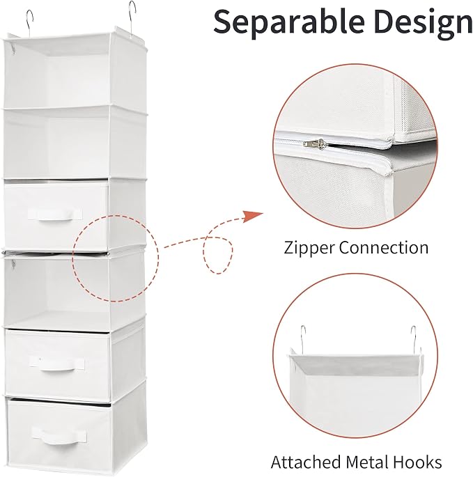 GRANNY SAYS 6-Shelf Hanging Organizer for Closet, Separable to 2 Pack 3-Shelf Hanging Shelves, Organization and Storage with 3 Different Drawers, 4 Side Pockets, White, 1-Pack - Image 6