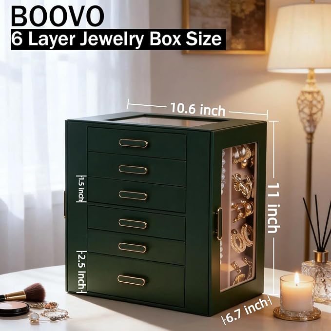 BOOVO Clear Lid Jewelry Box,3 Layers Jewelry Organizer Large Jewelry Storage Box with 2 Drawers,Jewelry Holder Organzier of Rings Earrings Necklace Bracelets for Women (Green, 6 Layer) - Image 2