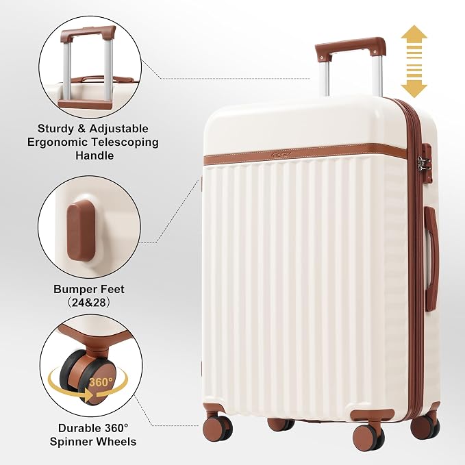 Merax Luggage Sets, Durable Hardshell 3 Piece Suitcase with Bags | Lightweight Carry on Luggage with Double Spinner Wheels and TSA Lock,20+24+28 inches,White and Brown - Image 4