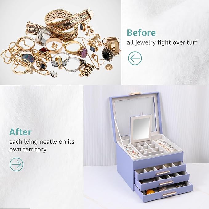 BOOVO Clear Lid Jewelry Box,3 Layers Jewelry Organizer Large Jewelry Storage Box with 2 Drawers,Jewelry Holder Organzier of Rings Earrings Necklace Bracelets for Women (Purple, 4 Layer) - Image 6